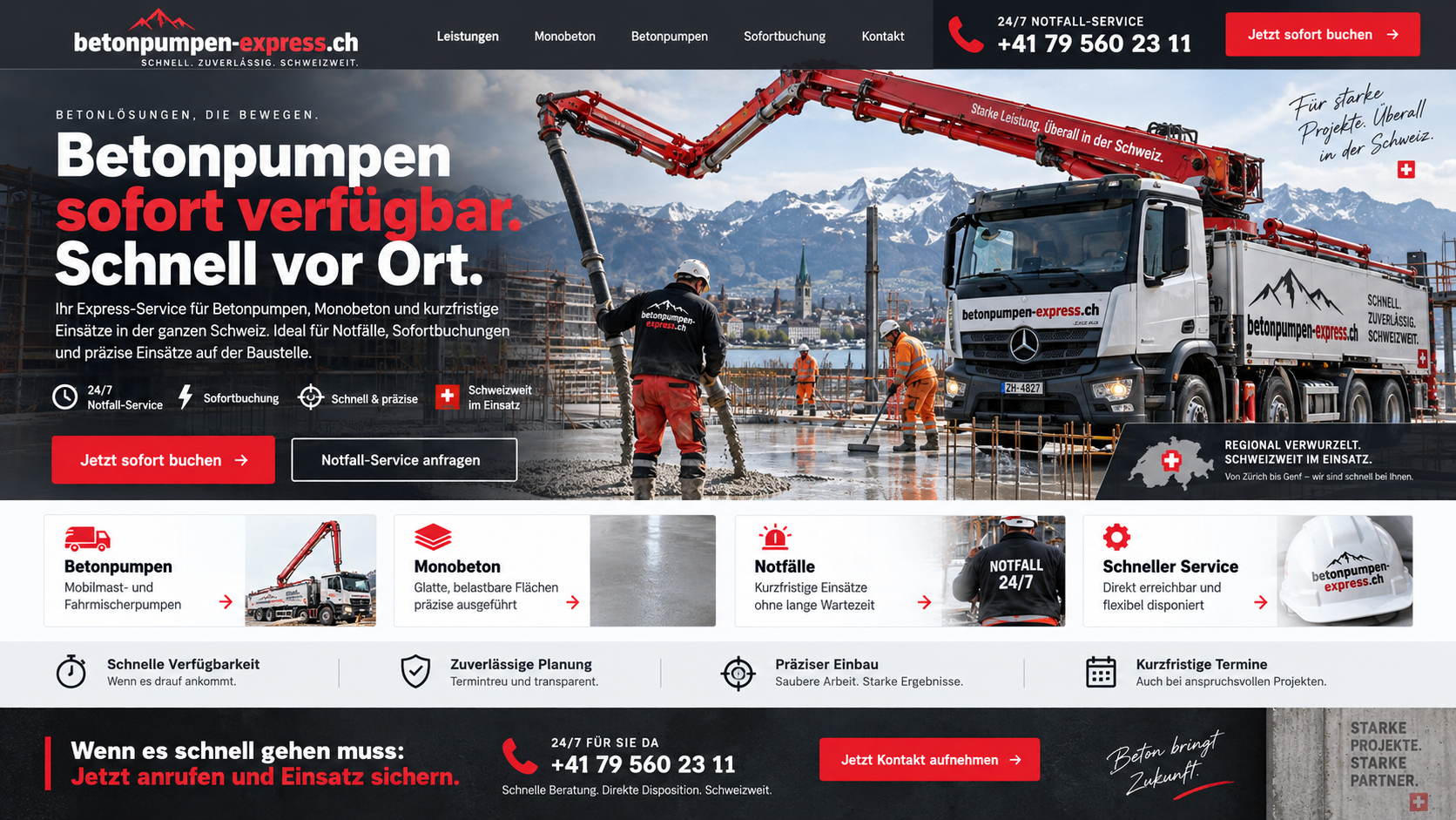 Betonpumpen Express: Betonpumpe mit rotem Ausleger auf einer Schweizer Baustelle vor einem Alpenpanorama. Betonpumpen sofort verfügbar. Schnell vor Ort. Leistungen: Betonpumpen, Monobeton, Notfälle und schneller Service.